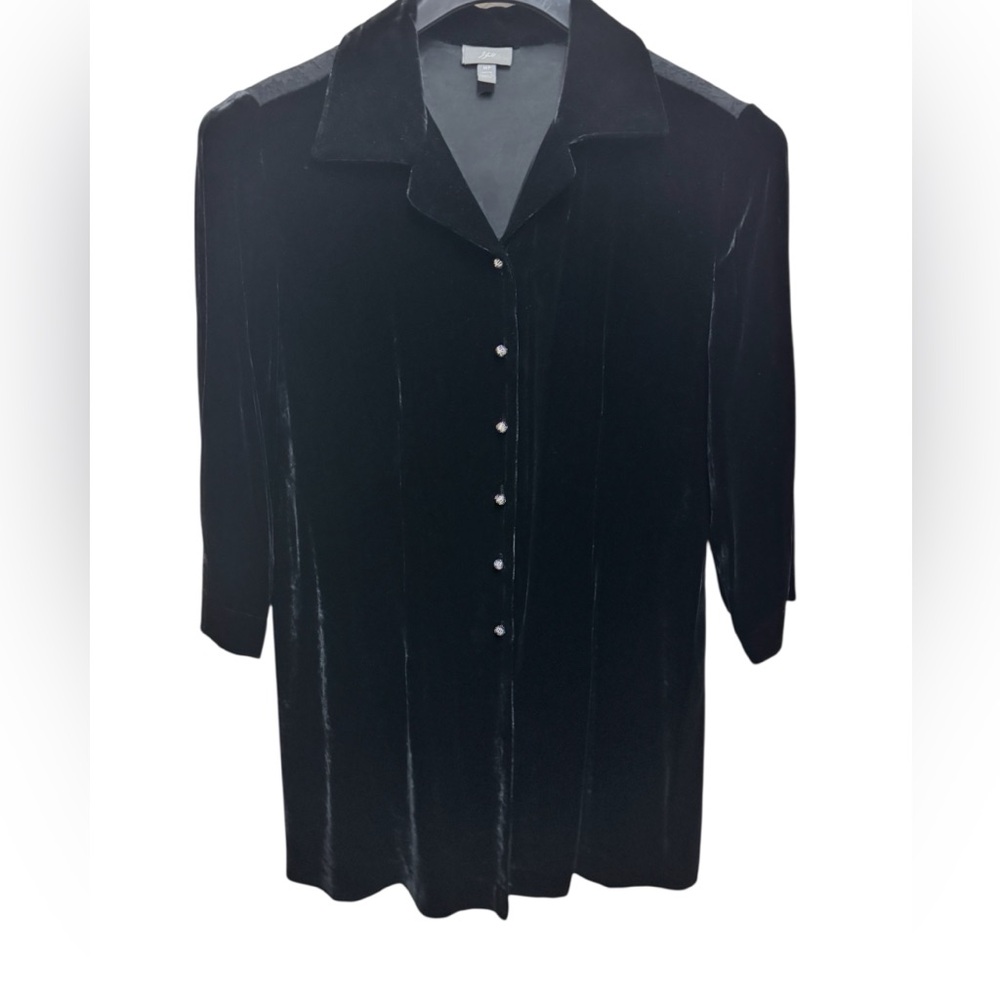 J. JILL Black Mixed Media Velvet & Lace Tunic Blouse w/Ornate Buttons Silk Sz MP